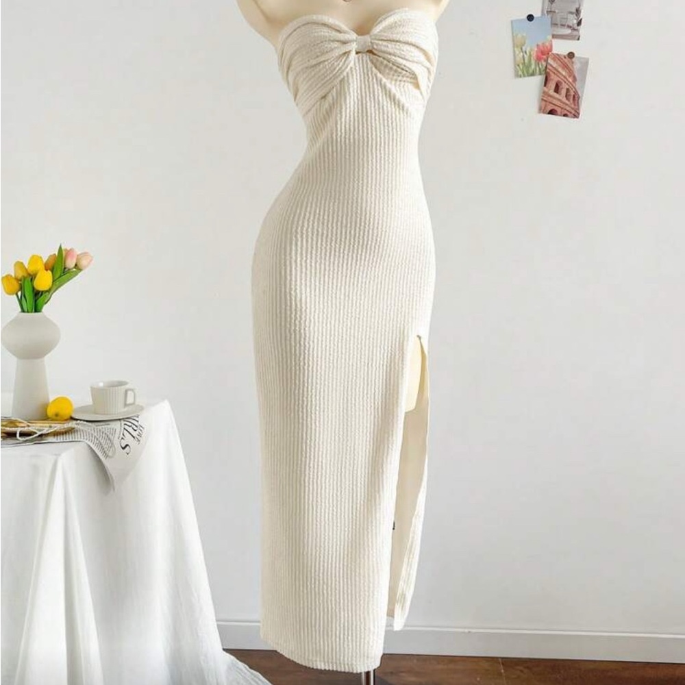 Women's Knit Texture Tube Top Twist Bodycon High Slit Dress